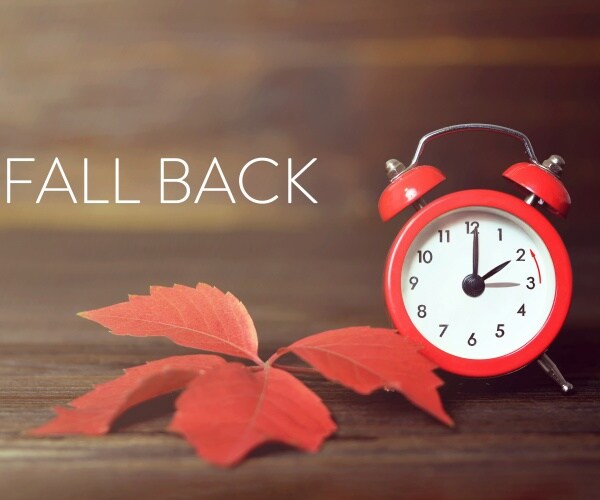 Fall back, clock, fall leaf