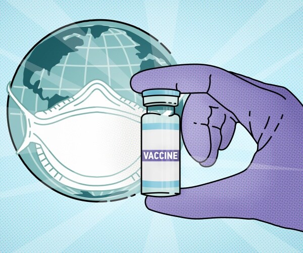 illustration of the globe with a mask on and purple-gloved hand holding a vial of COVID vaccine