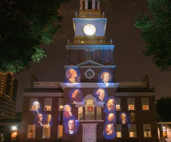 projections of founding fathers on outside of independence hall, philadelphia, pennsylvania