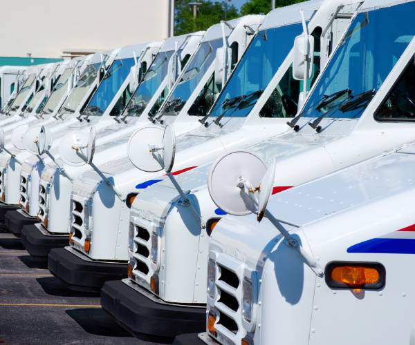 a line of postal trucks