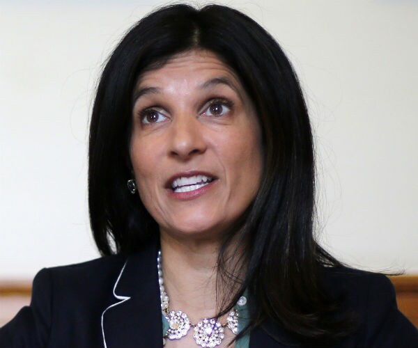 maine house speaker sara gideon is shown in black jacket with white trim