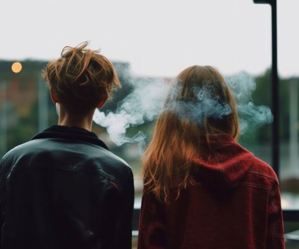 two teens from behind smoking 