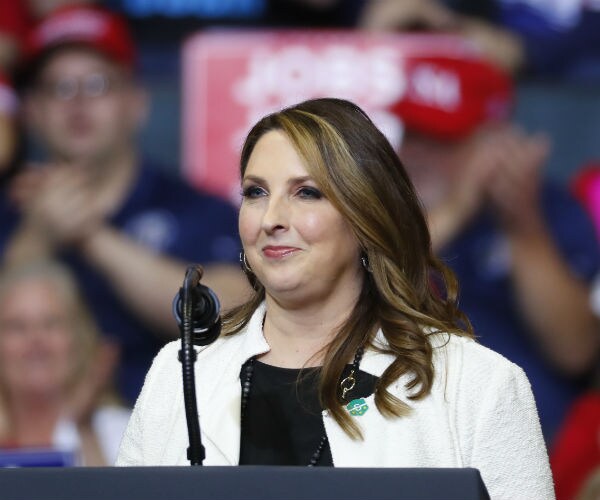 republican national committee chairwoman ronna mcdaniel speaks at a rally for president donald trump.