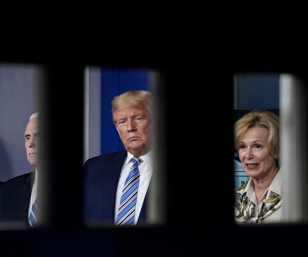 mike pence, donald trump and deborah birx are seen through windows