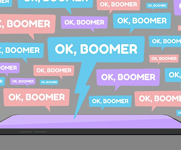 Vector illustration of smartphone and multiple OK Boomer chat bubbles
