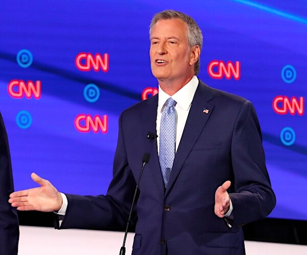 bill de blasio gestures as he speaks during the second democratic presidential primary debate