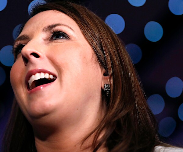 ronna mcdaniel speaks during a gee oh pee rally
