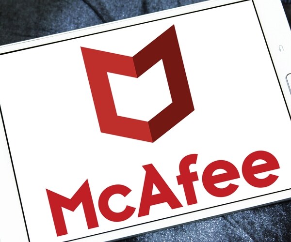 logo of mcafee company on samsung tablet . mcafee is an american global computer security software company 

