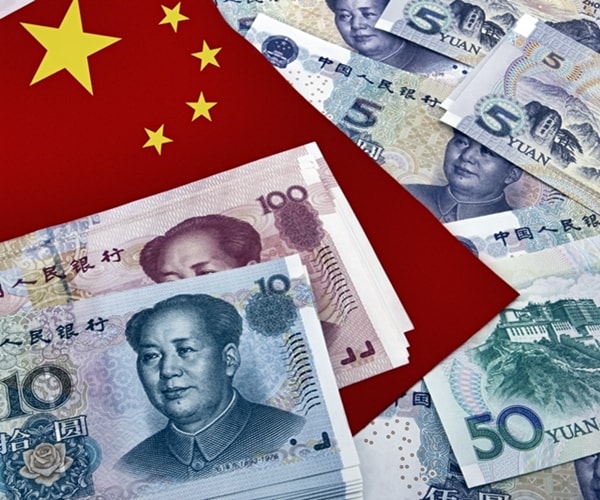 Chinese banknotes with a Chinese flag in the top left side. 