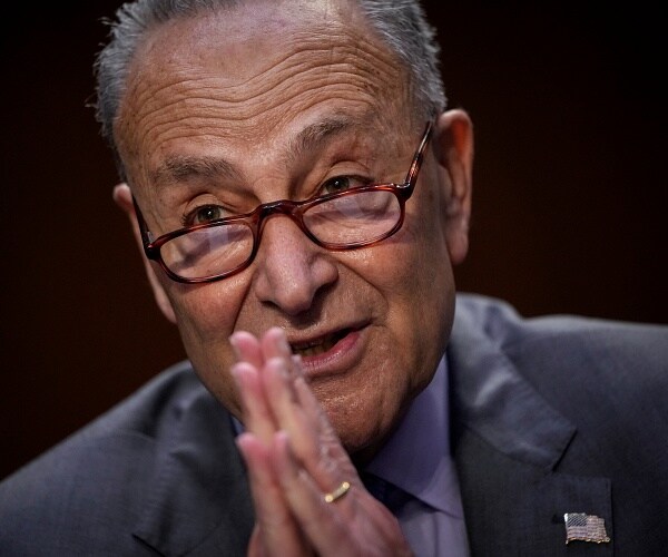 chuck schumer presses hands together while speaking in hearing