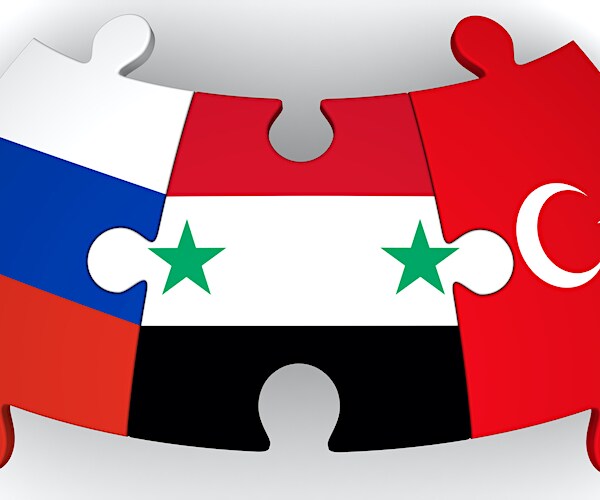 Puzzles with flags of Russia, Syria and Turkey together on white surface
