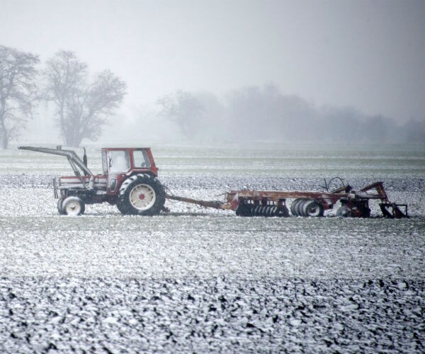 A tractor with a plow moves through the snow