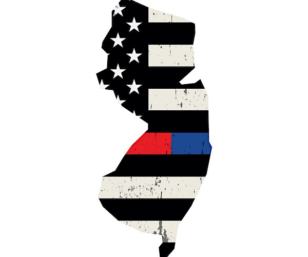 the state of new jersey map with a blue lives matter flag on it