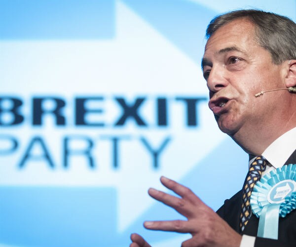 brexit leader nigel farage during a brexit party rally at the broadway theatre in peterborough 