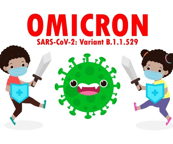 illustration of omicron variant, two kids fighting the virus particle with swords