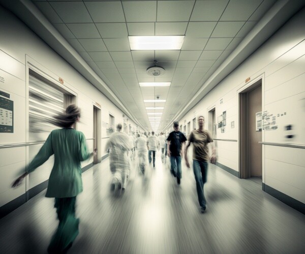 healthcare workers rushing in hall in a hospital