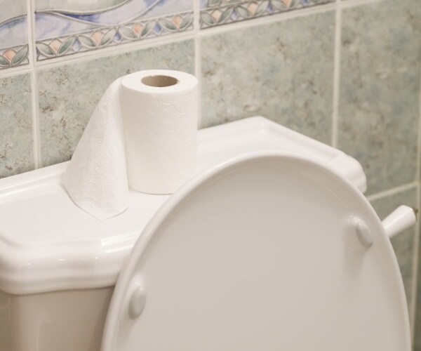 toilet with toilet paper roll on top 