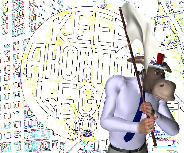 illustration of a democrat donkey waving the surrender flag in front of a protester carrying a keep abortion legal sign
