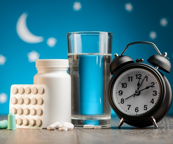 bedside table with mask, cup of water, pills and other sleep aids