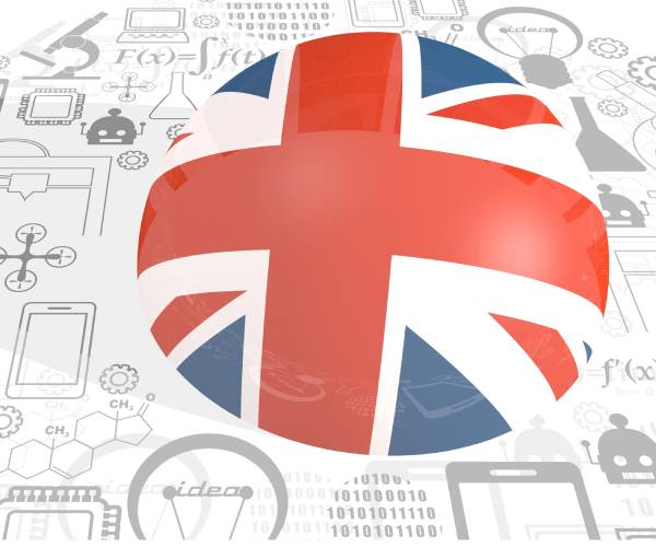 british flag on a button surrounded by technology symbols
