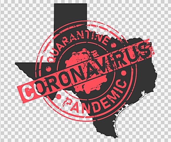 a texas state map coronavirus pandemic graphic overlayed on it
