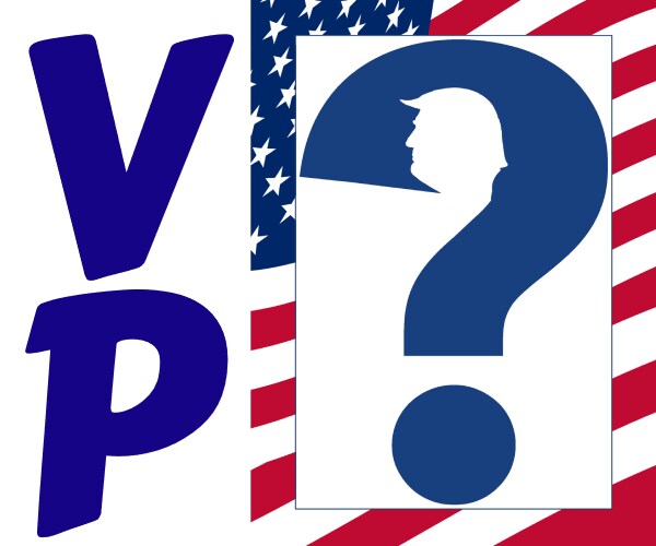 the letters v p next to a question mark with donald trumps head inside