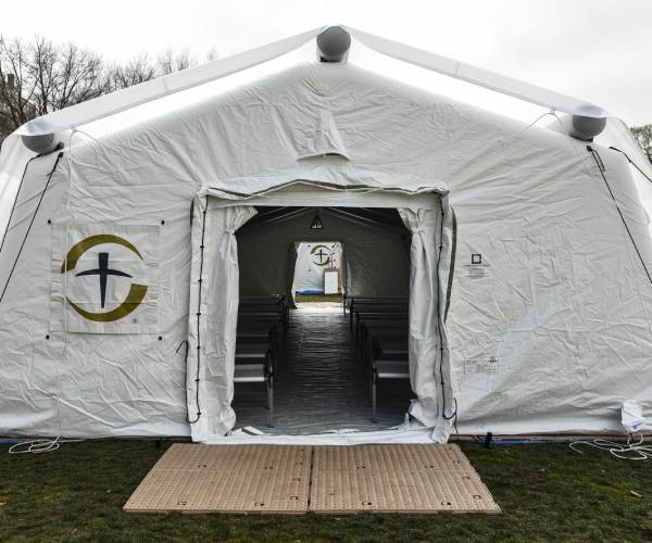 outside view of a tent with samaritans purse logo