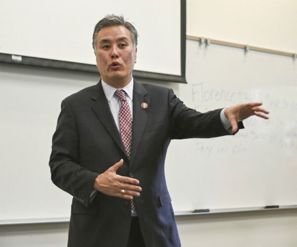 House Veterans Affairs Committee Chair Mark Takano, D-Calif speaks to students at Riverside City College