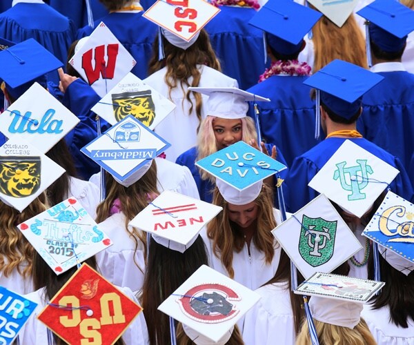 student's graduation mortarboards.
