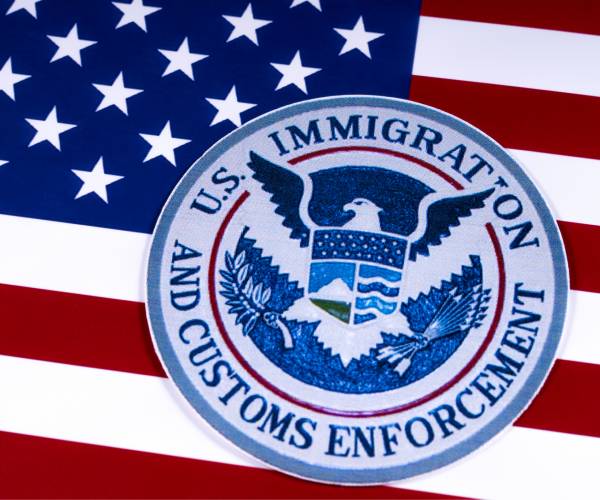 immigration  and customs enforcement logo over an american flag