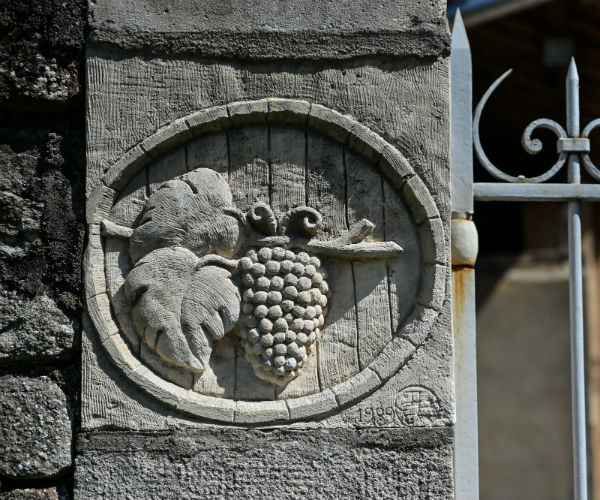 a sculpture of a grape and vine on a gate on a house in the village of chardonnay in central france