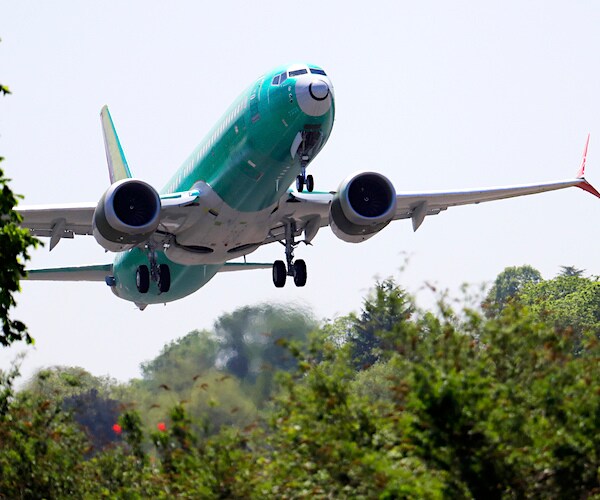 a boeing 737 max comes in for a landing over trees