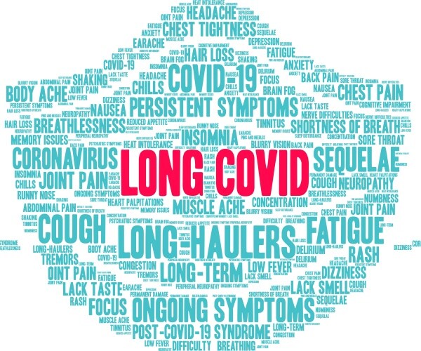 Long COVID symptoms typed out in shape of a surgical mask