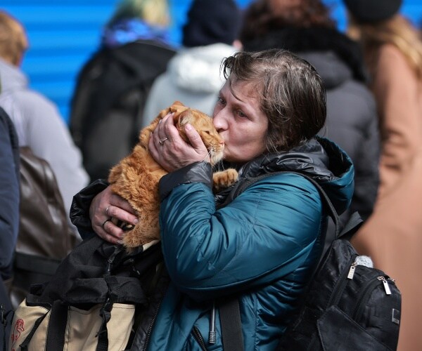A woman holds her cat