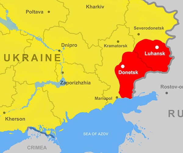 Ukraine with Donetsk and Luhansk republics Donbas on Europe map close-up