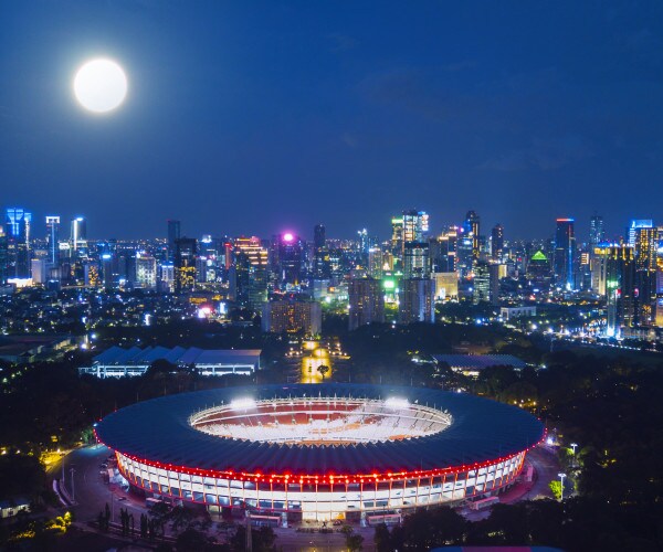 aerial view of stadium with skyline 