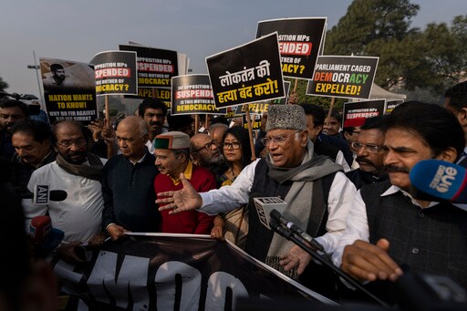 India's Opposition Lawmakers Protest Their Suspension from Parliament by the Government