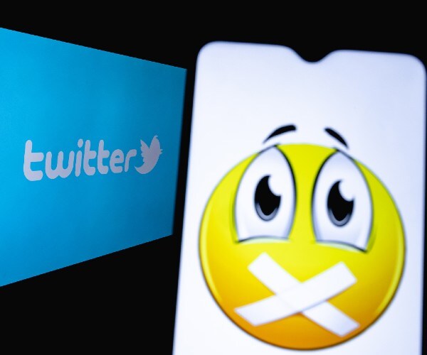 twitter logo next to a emoticon with tape over its mouth