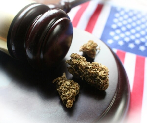 US flag, gavel, marijuana