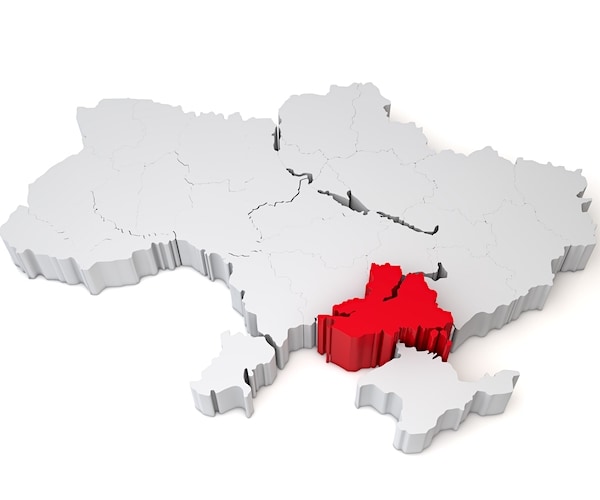 3d map of Ukraine showing the region of Kherson in red. 3D Rendering