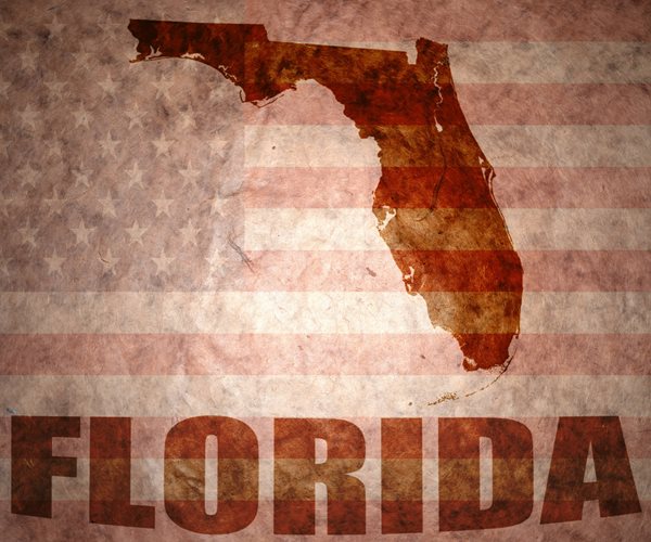 Florida map on a vintage american flag background