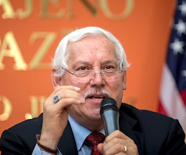 Mexican Minister of Agriculture and Rural Development Victor Villalobos Arambula speaks at a news conference