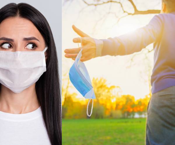 a photo of a woman wearing a mask looking scared next to a man in a field with his mask removed