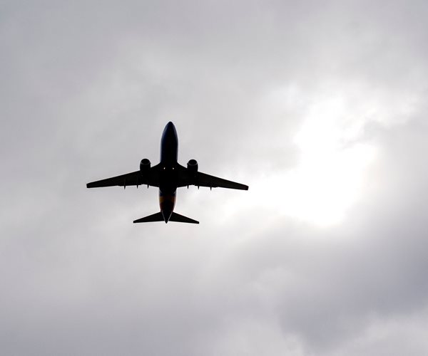 An airliner climbs after takeoff