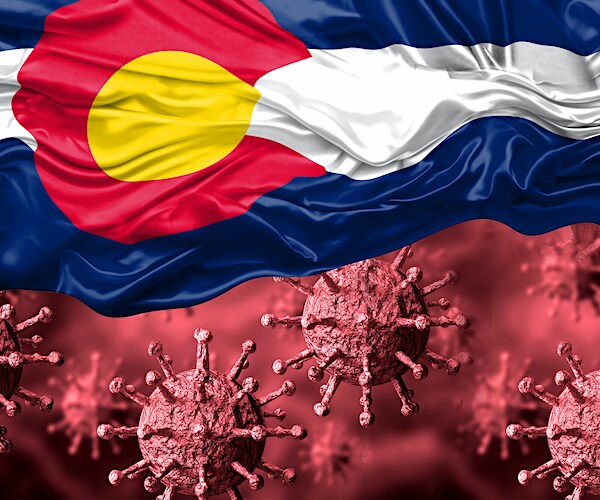 Enlarged coronavirus, covid-19 under the flag of Colorado state. Pandemic of respiratory disease. 3D rendering