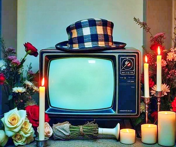 old tv with a porkpie hat atop it and flowers and candles around it