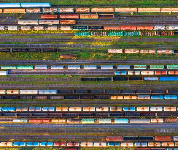 aerial view of rails and freight trains