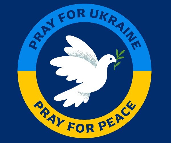 Pray for Ukraine emblem with a flying dove illustration as a symbol of peace
