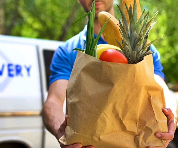 market worker giving grocery bag, goods delivery service, express food order, 