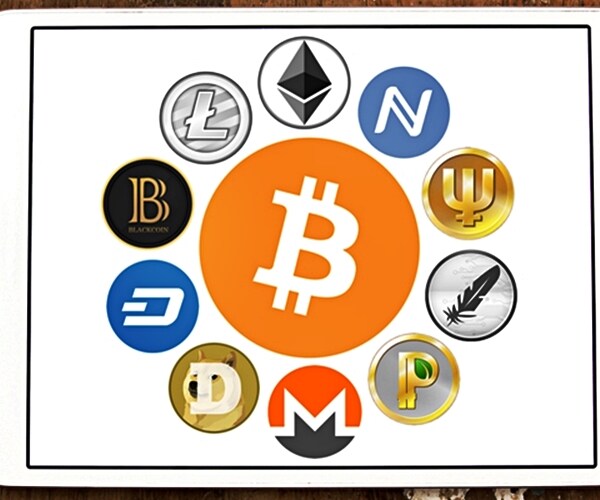 logos and icons of most famous digital cryptocurrency bitcoin, litecoin, on white tabley